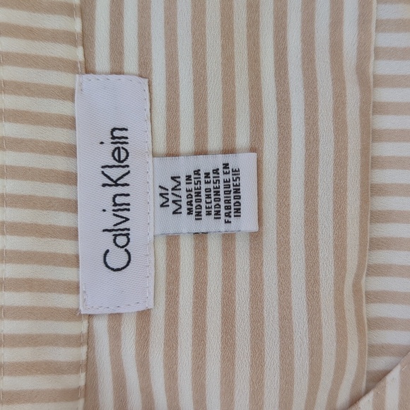 Calvin Klein Striped Button Tab Button Up Semi-Sheer Blouse MEDIUM White Tan - Picture 2 of 15